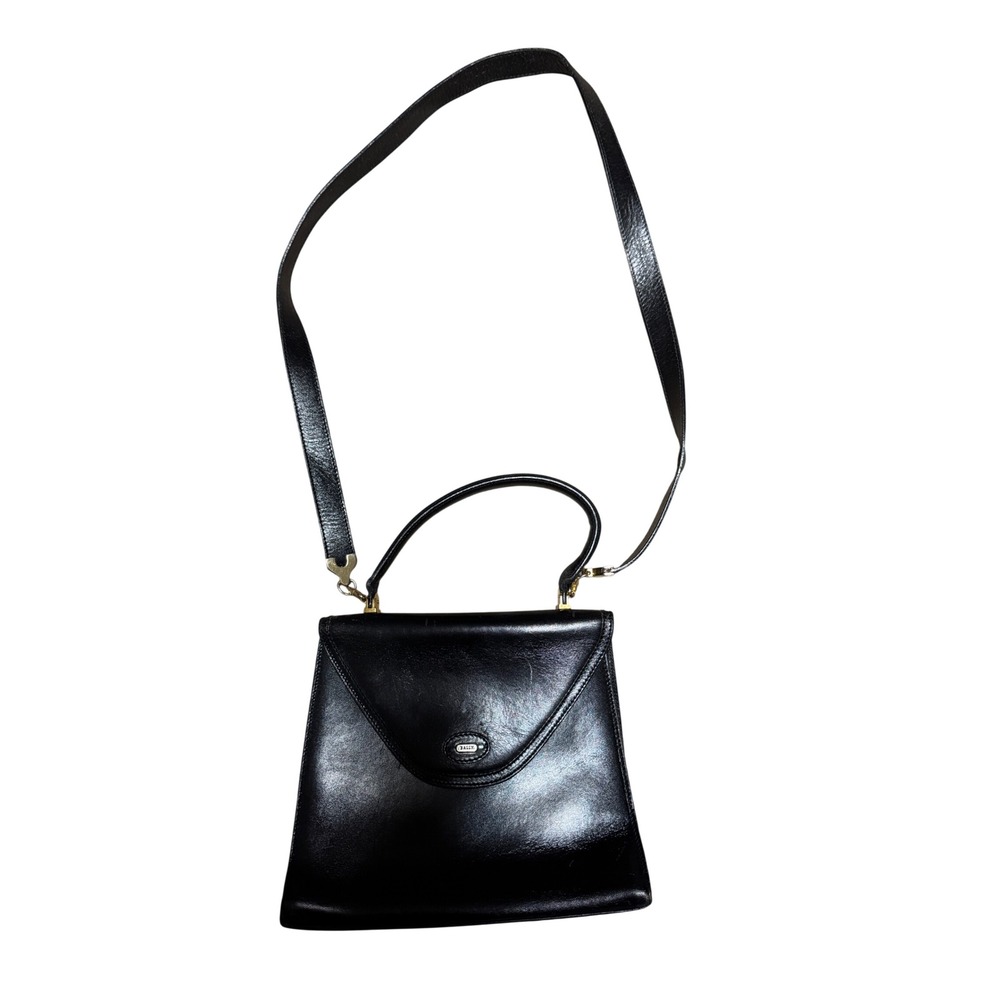 Bally Vintage Black Leather Top Handle Crossbody Bag Gold Hardware